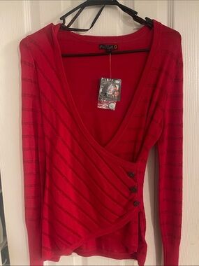 New 

Guess Red V-Neck Wrap Sweater with Button Accent